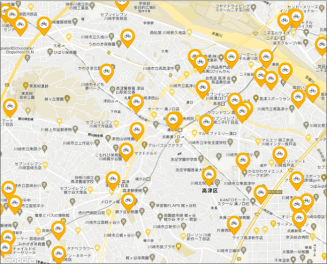 自転車のレンタル・返却ステーションは川崎市内に約20０か所、そのうち高津・宮前区内には約70か所を展開