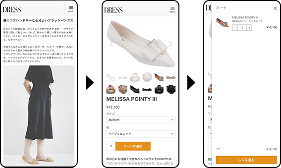 記事で見た商品をそのままDRESS内で購入することが可能です