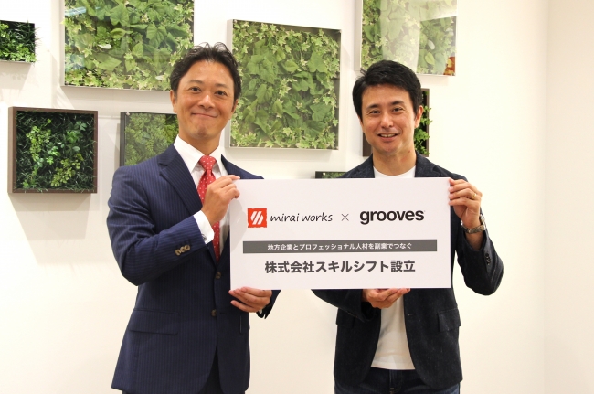 （左）株式会社みらいワークス 代表取締役社長 岡本祥治（右）株式会社grooves 取締役 大畑貴文