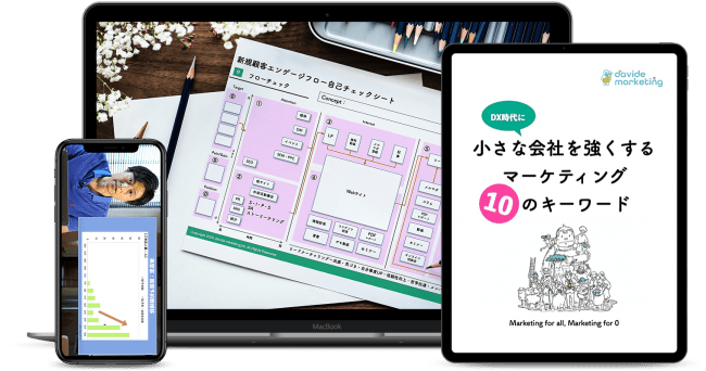 左から事例動画・顧客づくりMAP・eBOOKのイメージ