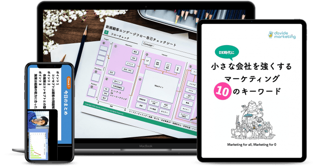 左から事例動画・顧客づくりMAP・eBOOKのイメージ