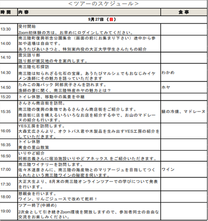 ※時間は目安となります。内容に関しても天候や現地事情、電波状況や進捗状況により、適宜変更をさせていただく場合がございます。