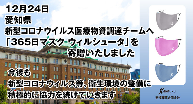 2020年12月24日愛知県庁新型コロナウイルス医療物資調達チームへ「365日マスク　ウィルシュータ 」を寄贈致しました