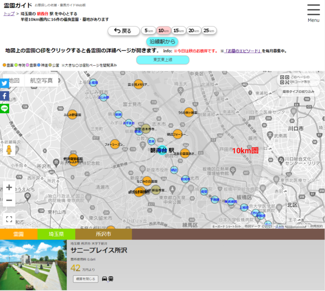 朝霞台 駅 を中心とする半径10km圏内の霊園分布