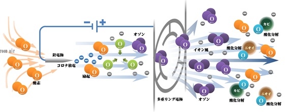 図左側 多重リング電極のコロナ放電によるオゾン・イオン発生、図右側 マイナスイオン気流によるオゾンの拡散