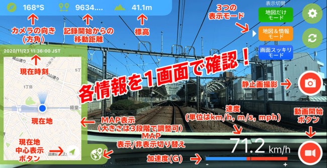 ※右上のボタンとオレンジ色のボタン表示は撮影時に記録されません