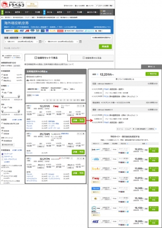 海外航空券比較 検索結果一覧ページ一例