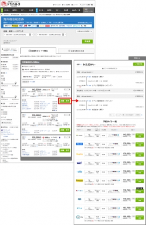 海外航空券比較 検索結果一覧ページ一例