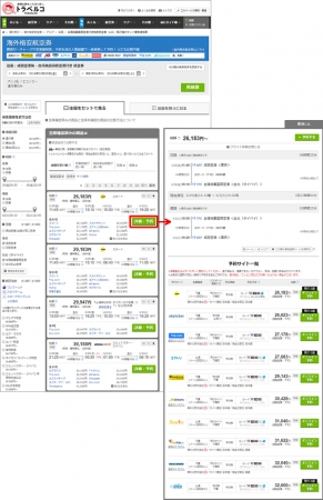 海外航空券比較 検索結果一覧ページ一例