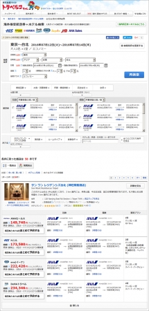 海外航空券＋ホテル　検索結果一例