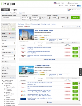 Travelko ホテル比較サービス 検索結果一覧ページ一例