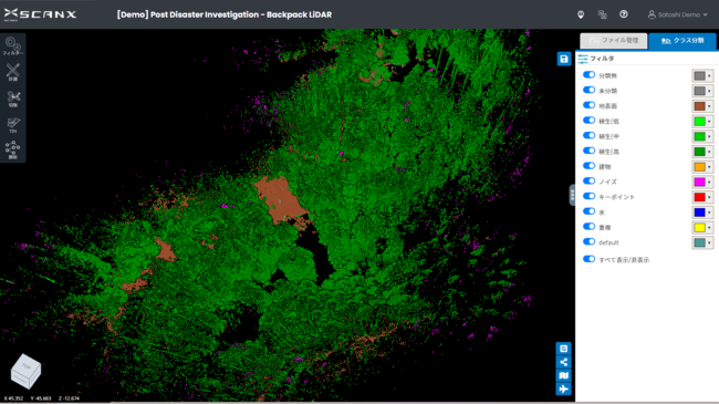 地表面、樹木、ノイズを自動分類した後の様子 （株式会社東豊開発コンサルタント提供）