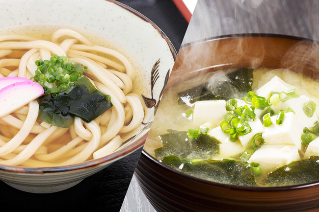 マッシュルームのお出汁パックを利用した調理例（うどん／味噌汁）※画像はイメージです