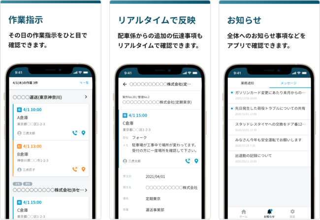 【ドライバー向けiOSアプリの主な機能および画面イメージ】