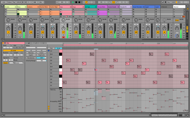 MIDIエディタでスケールの設定が可能に。MIDIノートの発音率を設定するProbabilityと、ベロシティの範囲を指定するVelocityも個別のレーンで編集できる。