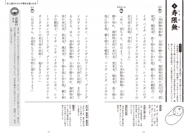 噺のあらすじや語句解説、音読のコツを掲載。さらに発言者をアイコンで分かりやすく表示。