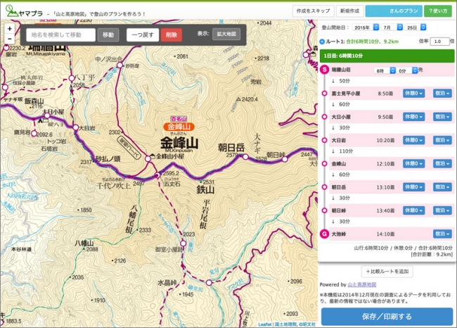 ＜山と高原地図使用のプランニング画面＞