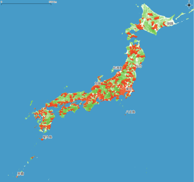 プレイいただいたユーザーの市区町村をハイライトしたマップ