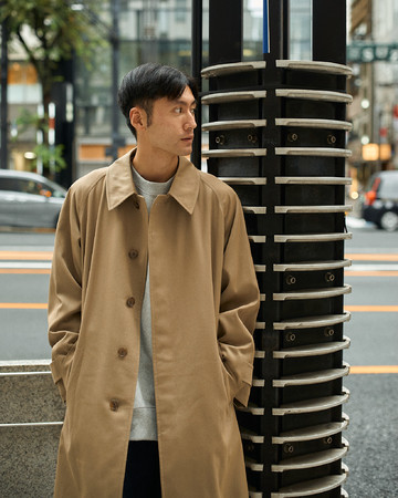 【SINGLE BELTED COAT】「シングルベルテッドコート」ウール65％コットン35％：M02-102-46：Size M（Model 178cm）¥132,000（税込）着丈袖丈調整含みます。