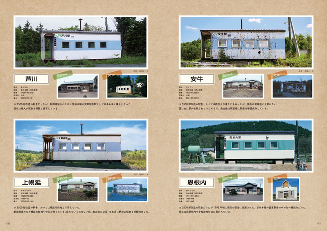 左上から時計回りに。芦川、安牛、恩根内、上幌延。すべて宗谷本線にかつて存在した貨車駅舎。