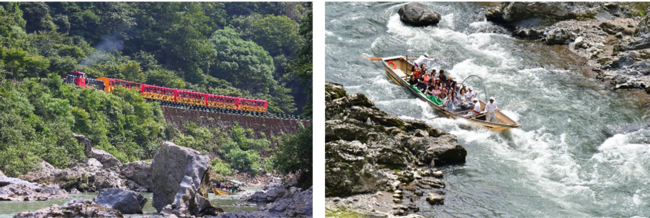 左：嵯峨野トロッコ列車　右：保津川下り