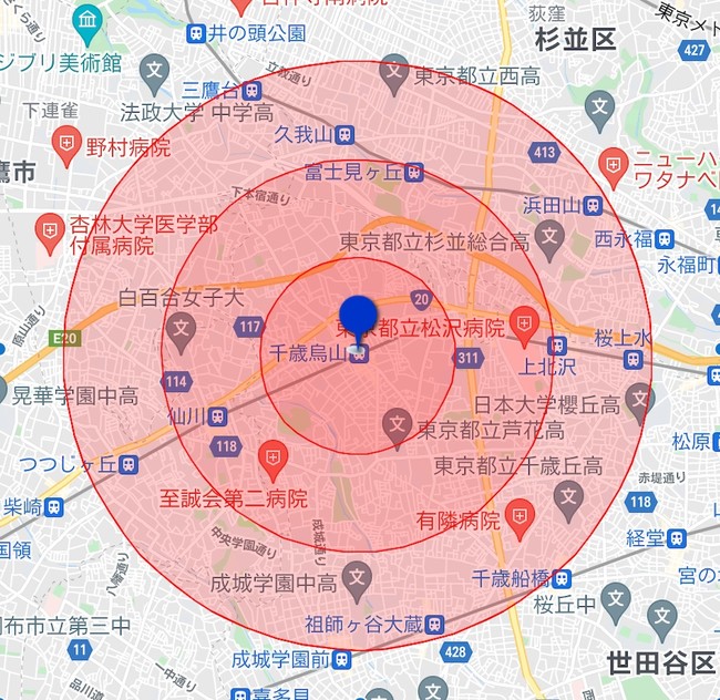 デリバリー対応エリア（千歳烏山駅から半径約3kmですが、天候や配達員の稼働状況によって変化します）