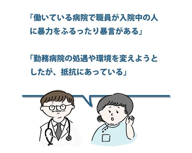 「働いている病院で職員が⼊院中の⼈に暴⼒をふるったり暴⾔がある」 「勤務病院の処遇や環境を変えようとしたが、抵抗にあっている」