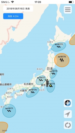 予測した地震を、発生予測域、大きさ（3段階色別）で表示。地震予測域をタッチで画面下に、予測期間、地震の大きさが表示されます。画面左上に現在地のおおよその海抜を表示。GPSにより現在地が表示され、地震予測域との位置状況が把握できます