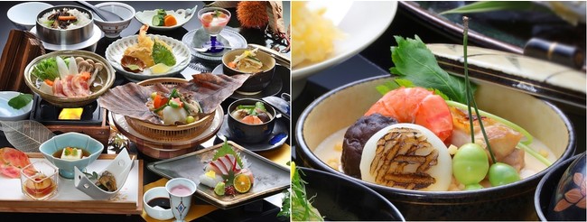 朝倉産食材を盛り込んだ会席料理をご提供。1泊2食平日13,200円～。写真右は地元郷土料理「筑前朝倉蒸し雑煮」。