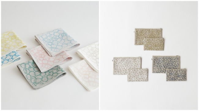 写真左 Everyday Handkerchief（全7種）各486円／写真右 Everyday Pouch S(全3種）各1,620円／Everyday Pouch M(全3種）各1,944円